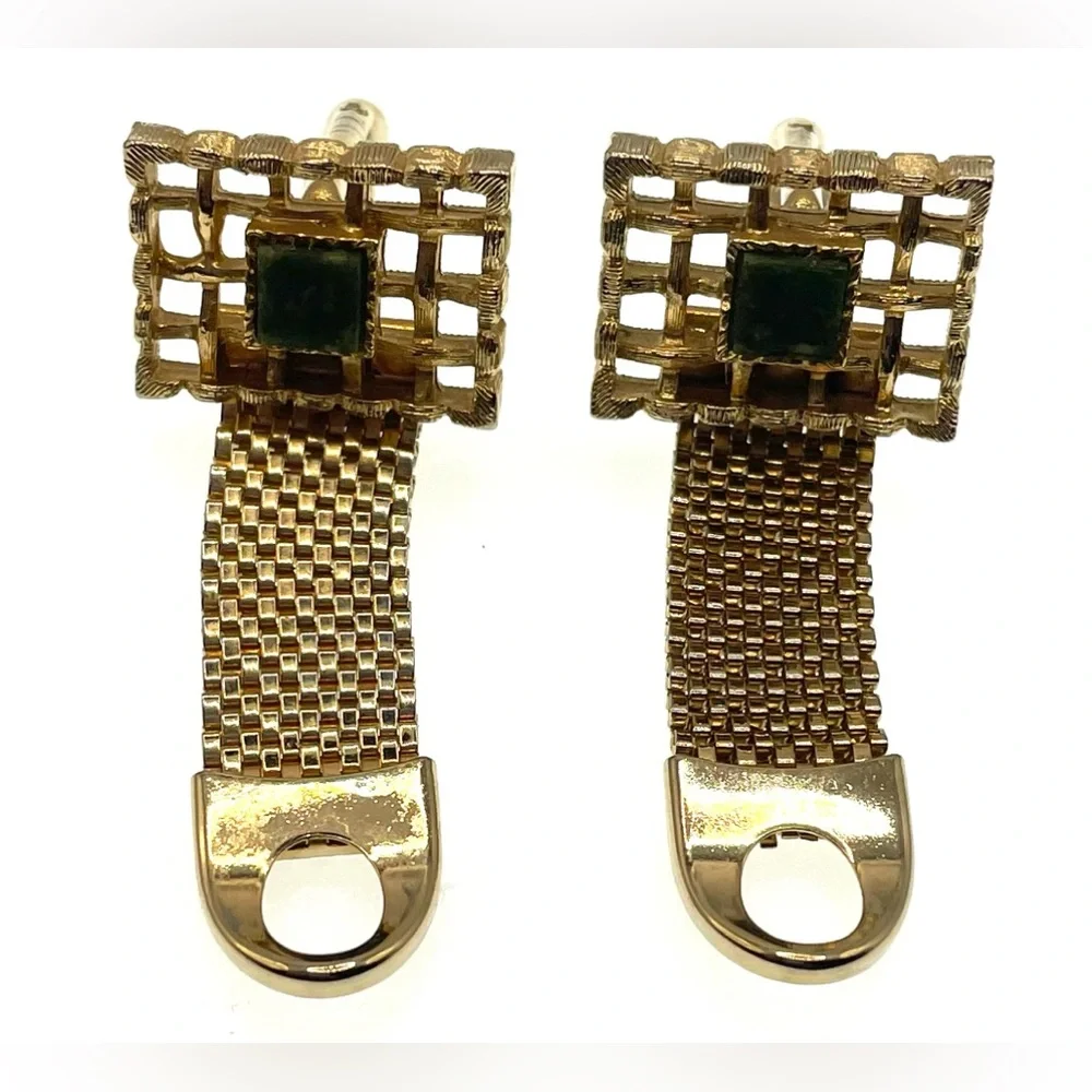 Vintage Gold Tone Lattice Mesh Wrap Around Mesh CuffLinks with Green Stone